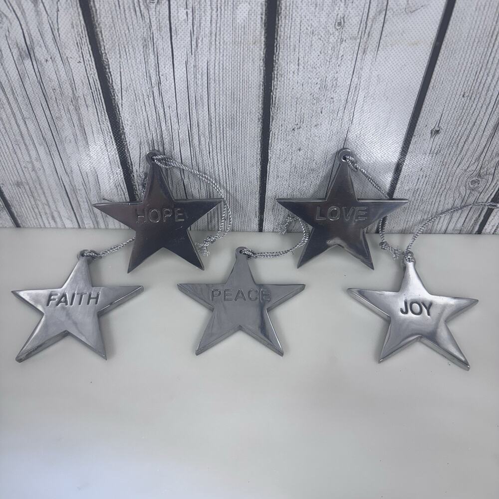 Set Of 5 Metal Star Ornaments Faith Joy Love Peace Hope Christmas Holiday